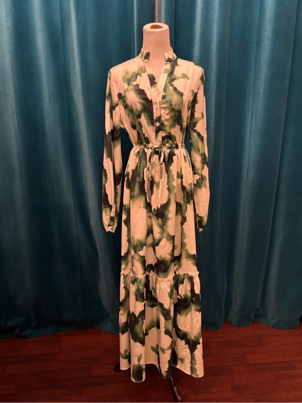 Printed Green & Cream Long Sleeve Maxi Dress